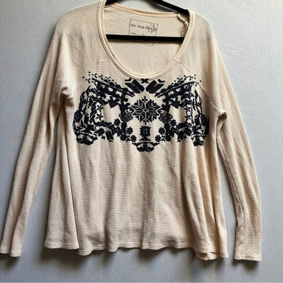 We The Free Cream Waffle Knit Thermal Swing Snowflake Fair Isle Raglan Tee Sz L - Picture 2 of 10
